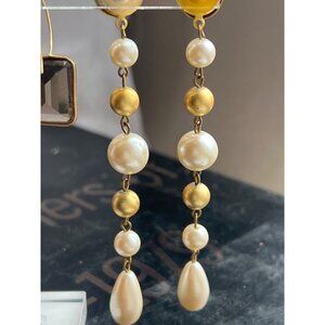 Vintage Faux Pearl Gold Long Dangle Chandelier Earrings Glamorous Events